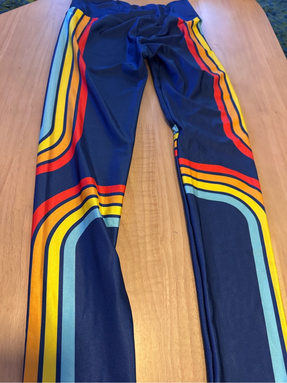 Goldsheep Navy Leggings with Retro Red, Yellow and Light Blue Stripes